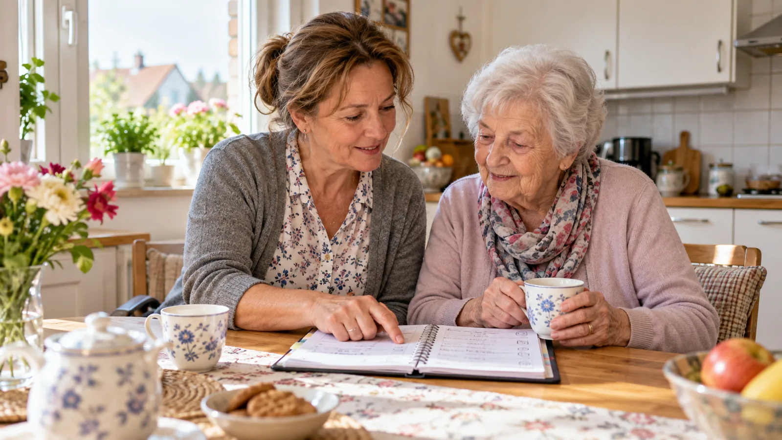 Opiekunka i seniorka wspólnie przeglądają plan dnia przy stole w domowej kuchni