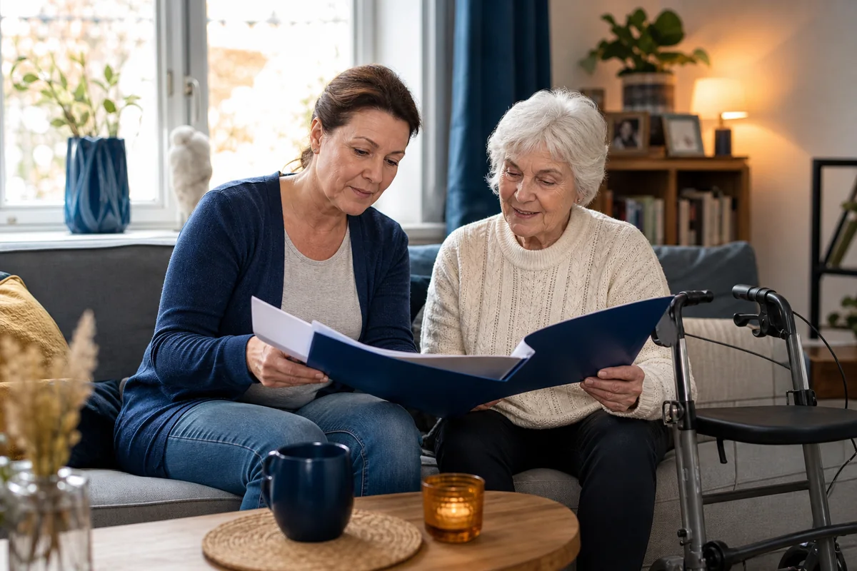 Opiekunka i seniorka analizujące dokument dotyczący Pflegegrad