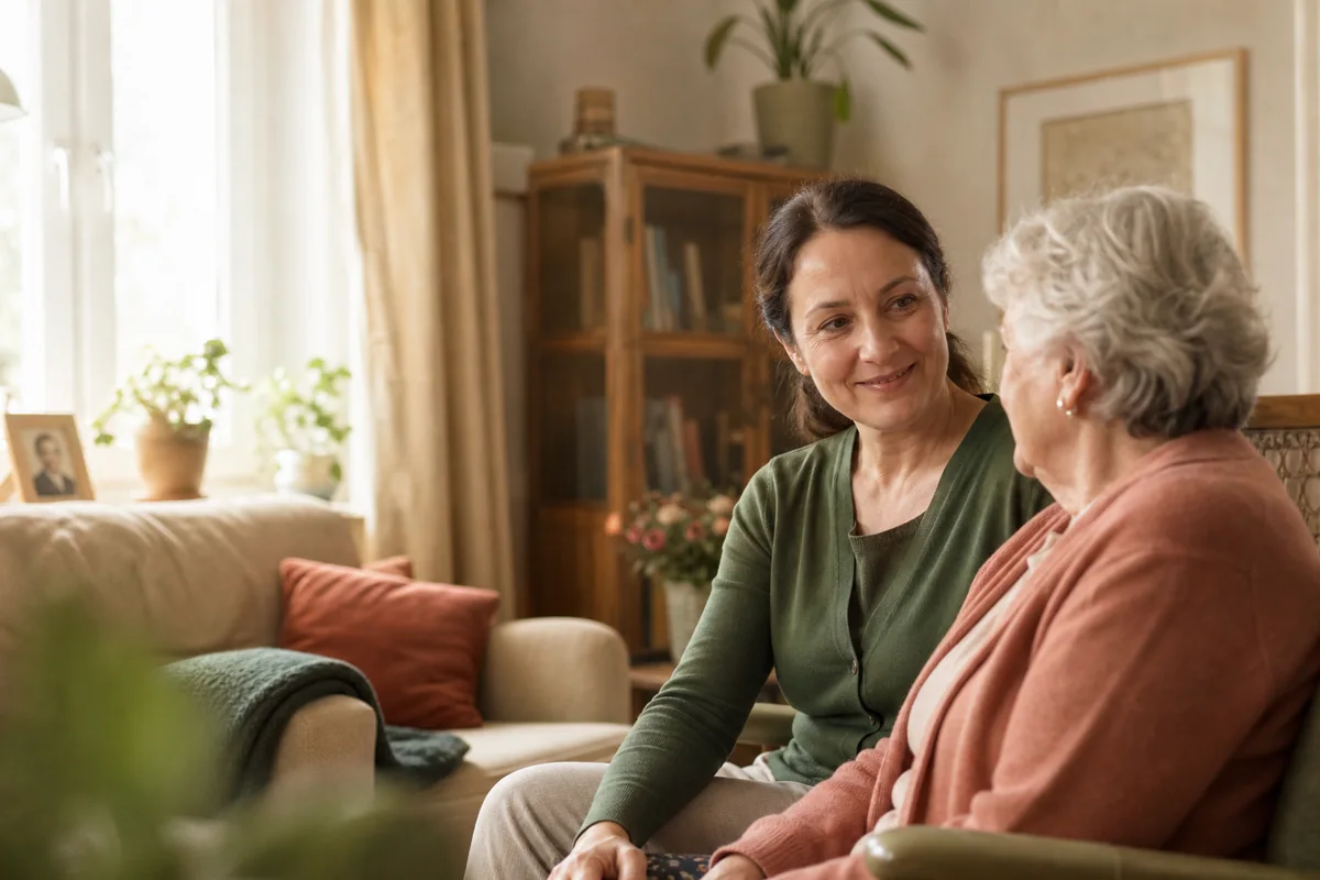 Opiekunka rozmawiająca z seniorką w jej domu w Niemczech