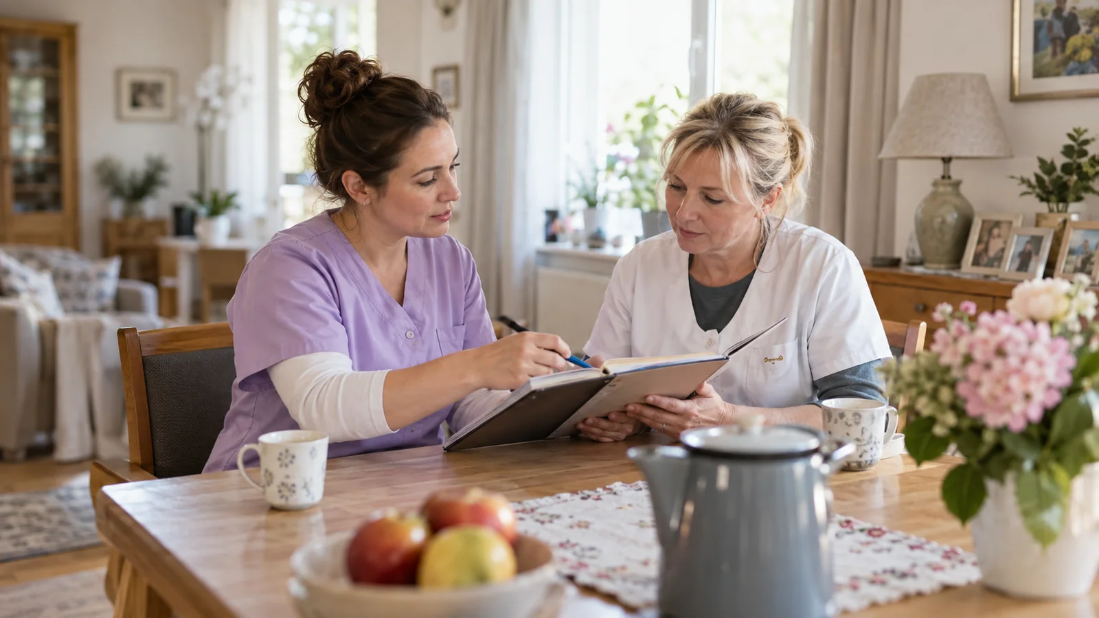 Dwie opiekunki przekazujące informacje o podopiecznym przed zmianą na zleceniu
